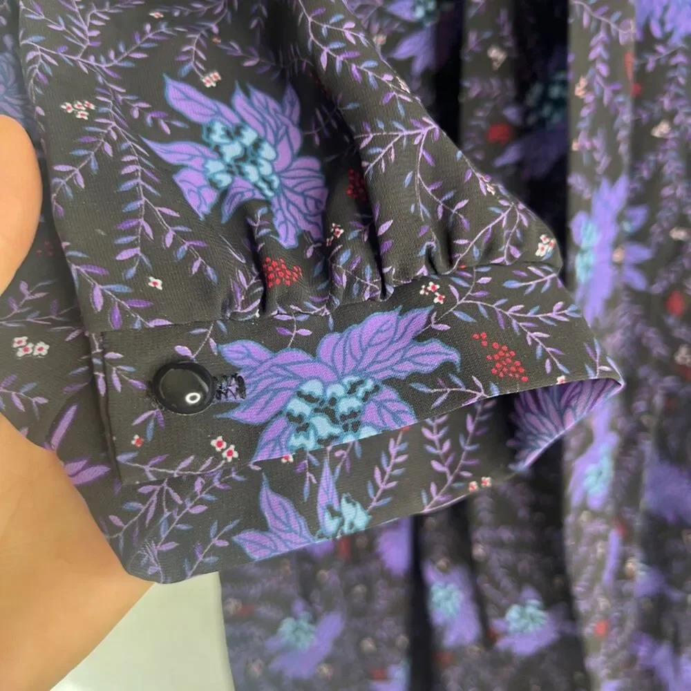 Alison Peters VTG Made in USA Purple Floral Blouson‎ Tie Neck Maxi Dress SZ 14 - Picture 5 of 9